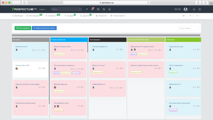 Перечень всех задач в режиме просмотра КанБан